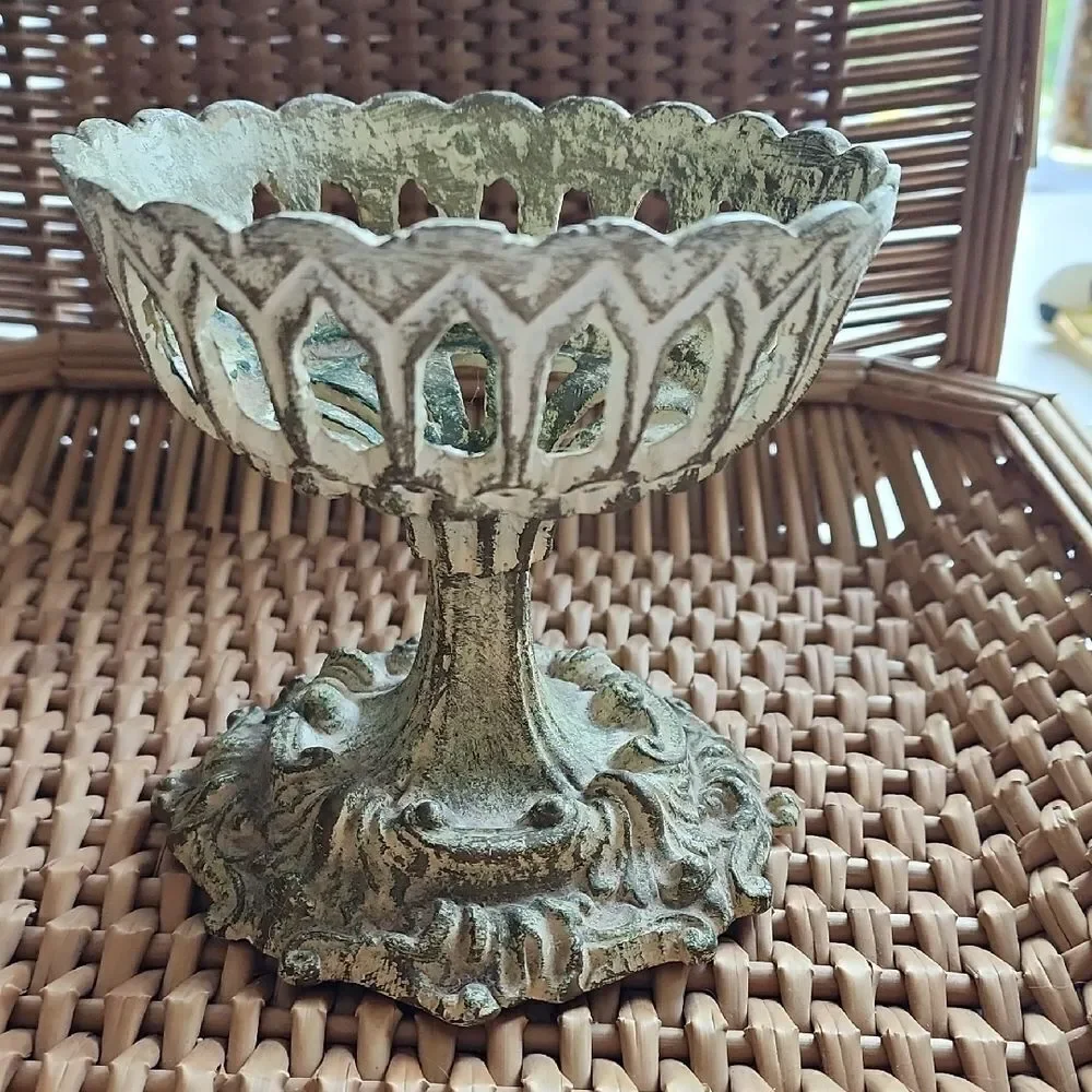 Vintage Distressed Metal Candleholder Cutwork Chalice with Felted Bottom
